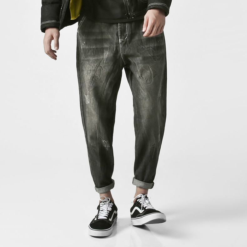 粗腿显瘦裤子男休闲阔腿,短腿男士阔腿束脚裤