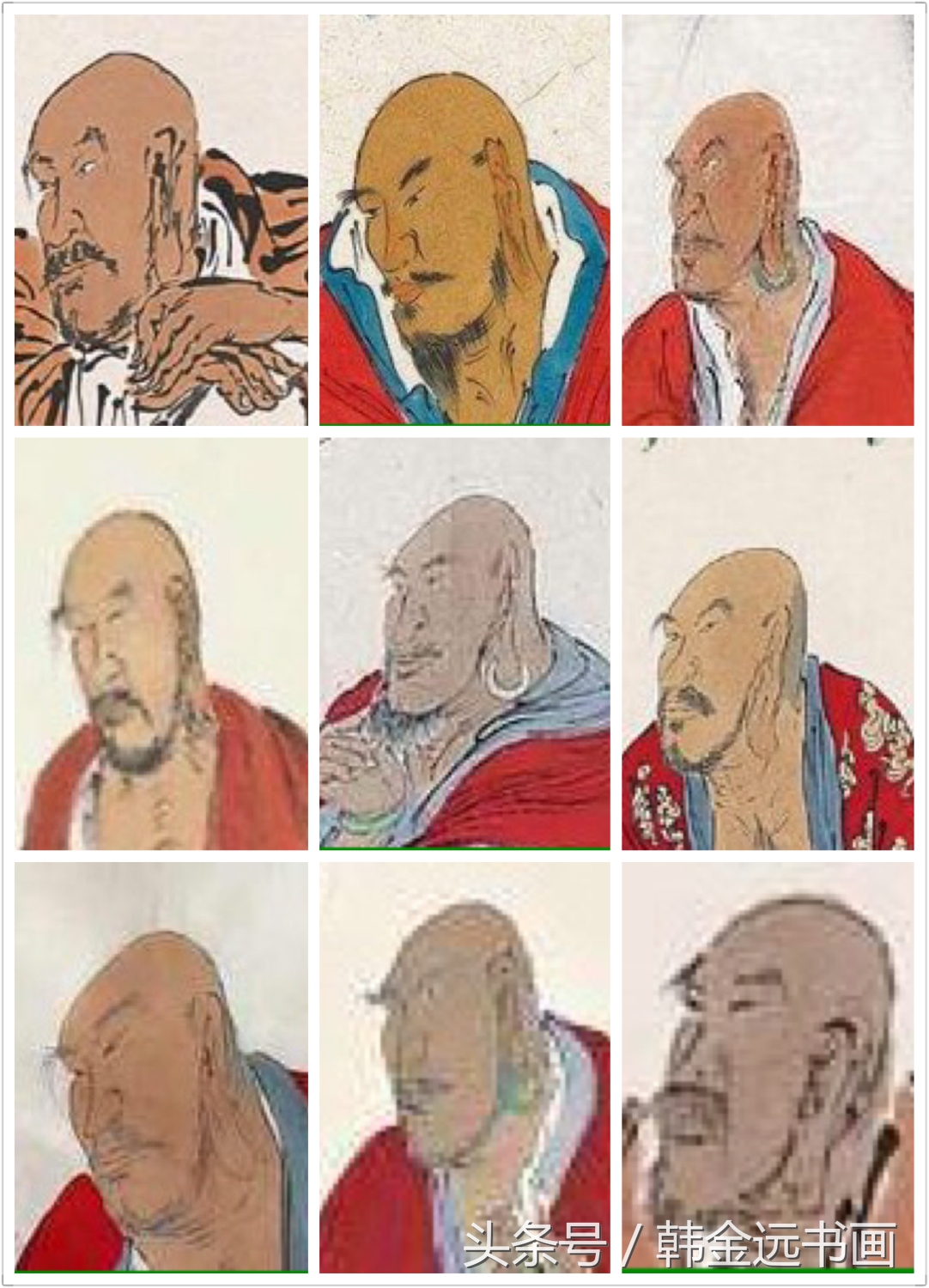 赵孟頫山水画高清彩色复原图片,范扬青绿罗汉作品欣赏