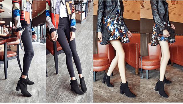 短靴尖头马丁磨砂皮棕色,短靴弹力靴高跟粗跟马丁靴