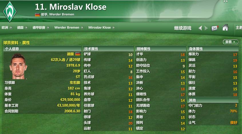 克洛泽推荐的球员,fm2007最好用的球员