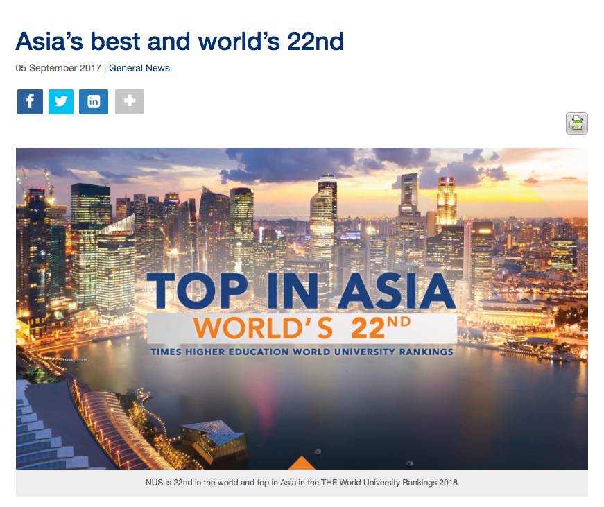 NUS蝉联亚洲第一！NTU又获新高！泰晤士2018全球大学排名新鲜出炉