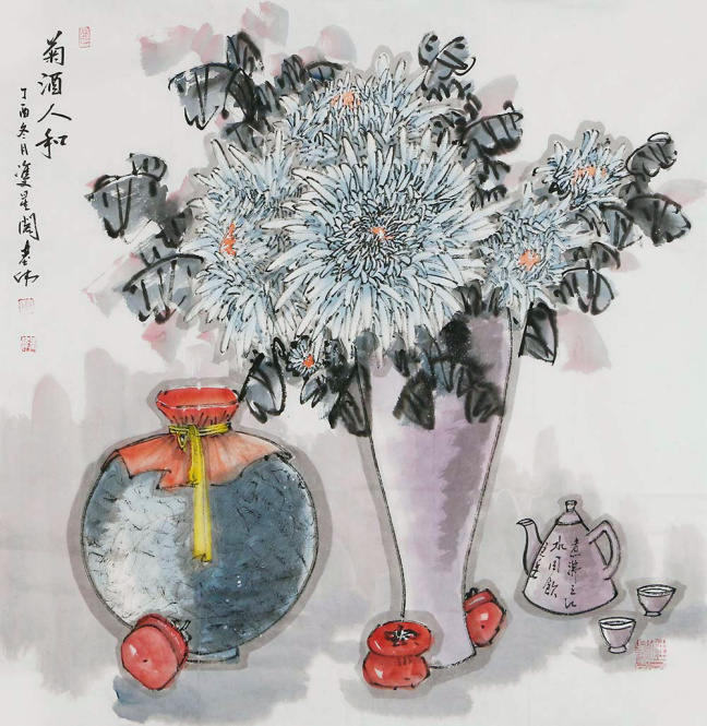 朴喆国画菊花作品欣赏,菊花罐子写意国画欣赏