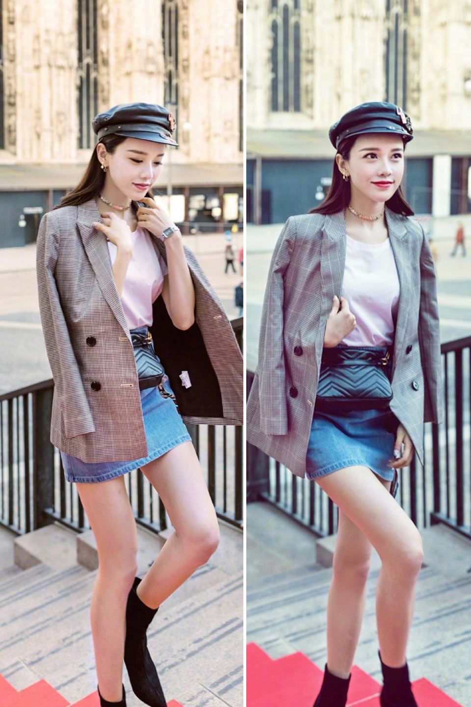 黄一琳丸子头黑色短裙,黄一琳白色牛仔裙