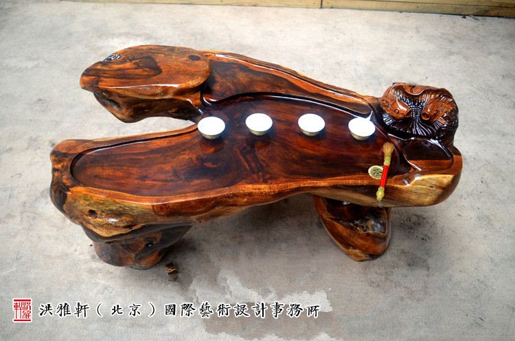 鸡翅木根雕茶台翻新完工,实木树根雕茶几