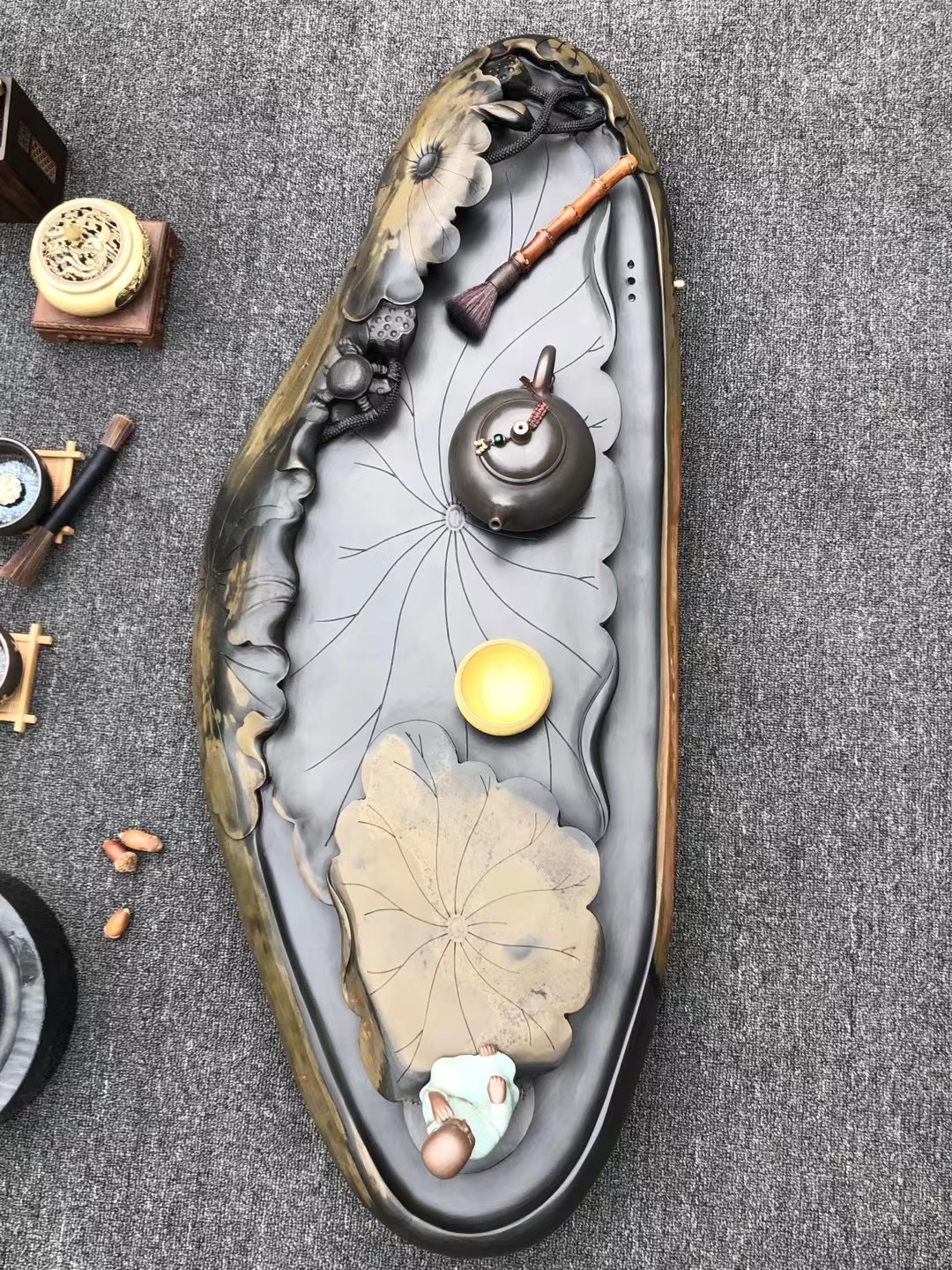 石头茶盘雕刻设计图片欣赏,大理石荷叶茶台雕刻