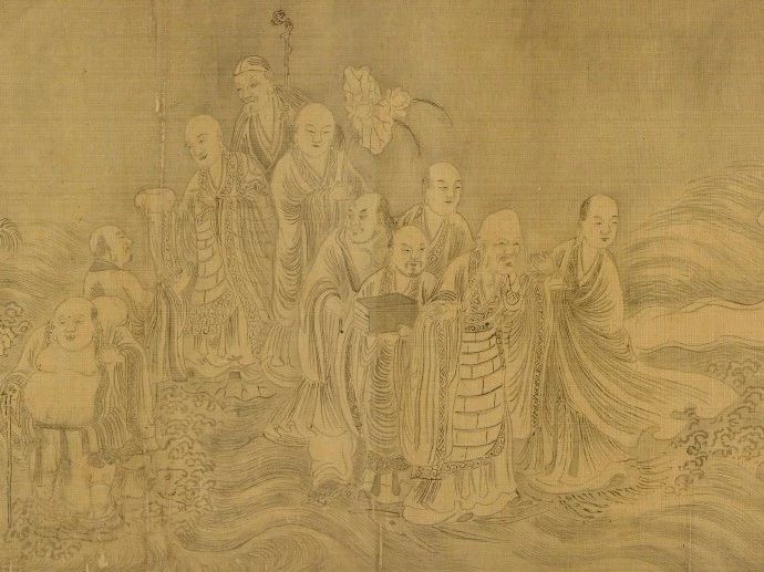 清代仿李公麟的白描长卷十八罗汉图，虽是仿作但还有些原作的风貌