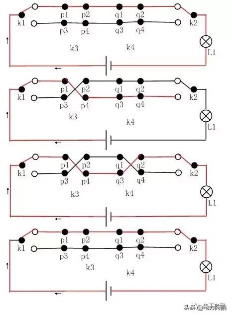 双控三控开关实物布局图,三开双控做单控使用如何接线