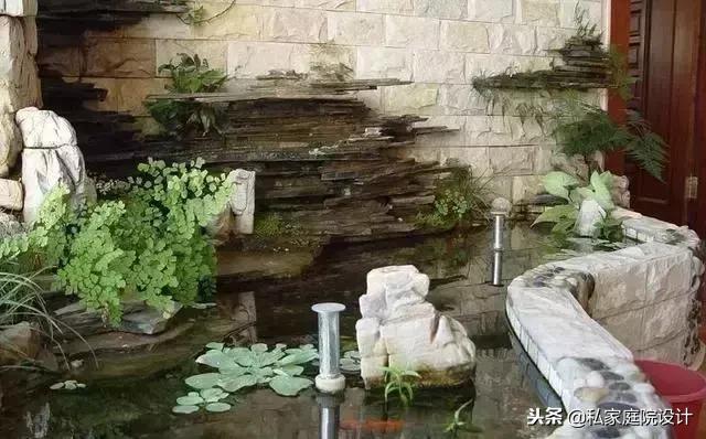 阳台角落鱼池假山流水景观制作,庭院假山鱼池景观设计效果图