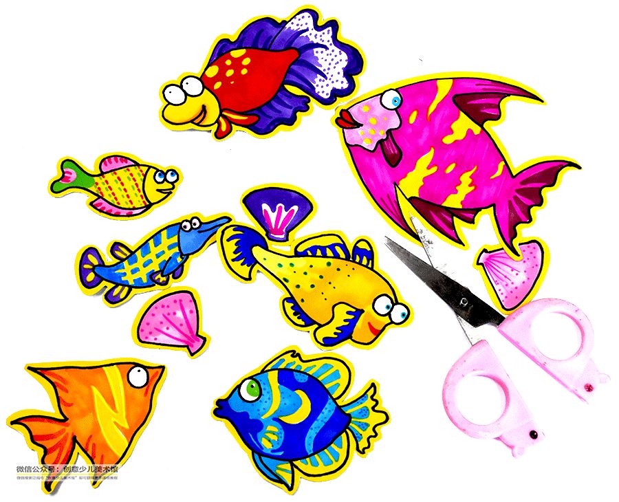 儿童画各种颜色的鱼,三角形鱼儿儿童画