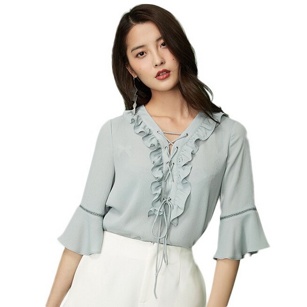 大码显瘦雪纺衫格子v领,V领显瘦雪纺衫