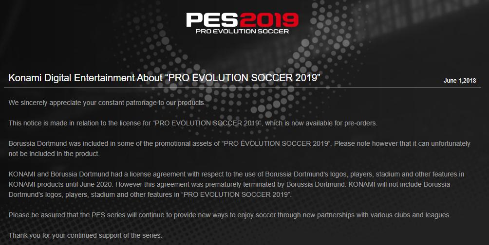 多特蒙德提前终止与实况足球的授权；PES2019能否拯救实况