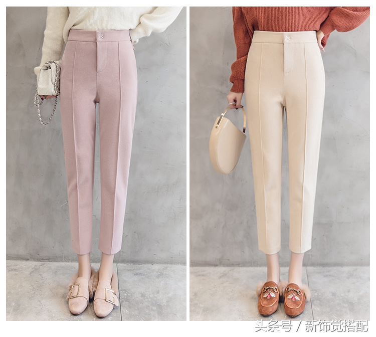 杏色显瘦哈伦毛呢裤穿搭,早秋西装哈伦裤显瘦气质款
