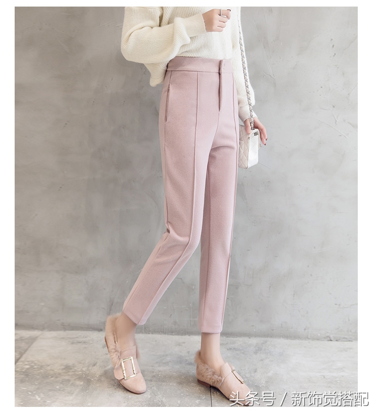 杏色显瘦哈伦毛呢裤穿搭,早秋西装哈伦裤显瘦气质款