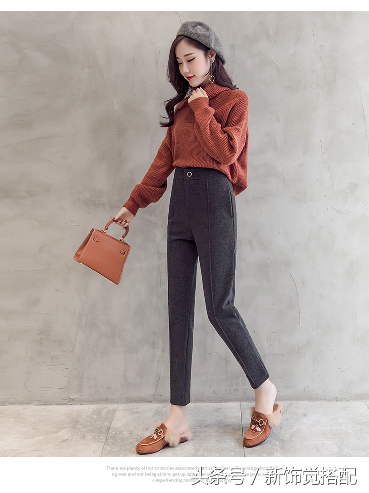 杏色显瘦哈伦毛呢裤穿搭,早秋西装哈伦裤显瘦气质款