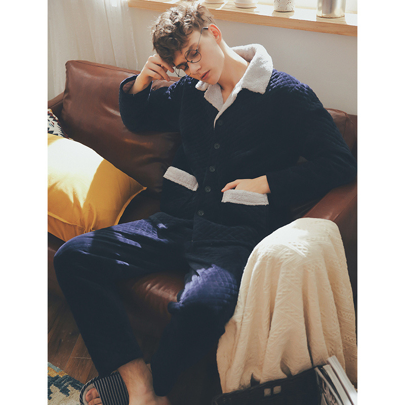 情侣睡衣秋冬珊瑚绒夹棉套装韩版家居服男纯棉长袖100%全棉加厚女