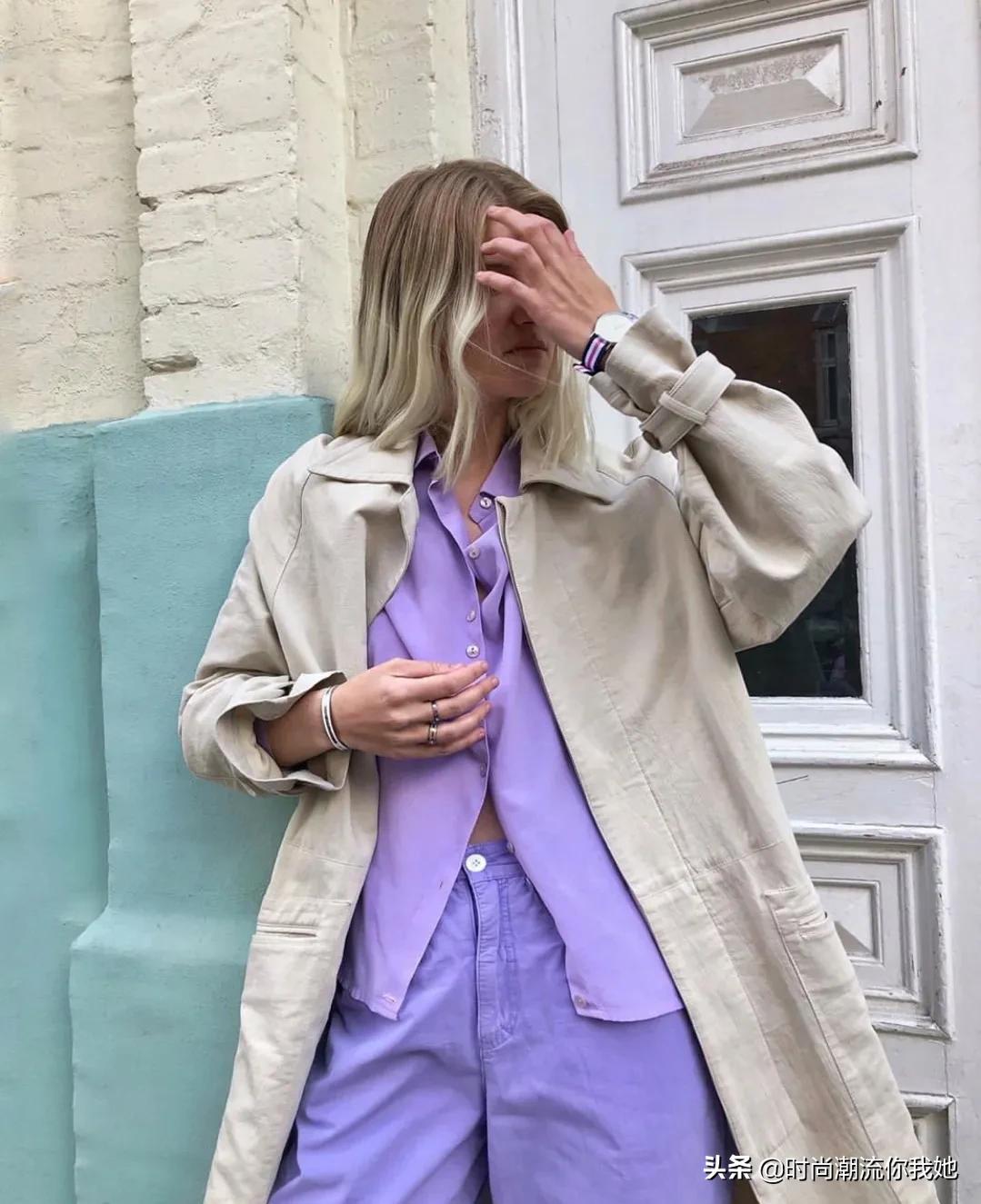 夏天穿马卡龙色系的长裤,马卡龙紫色裤子搭配