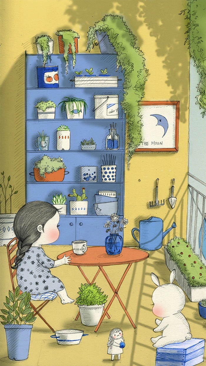 少女与兔子插画,兔子手绘创意插画