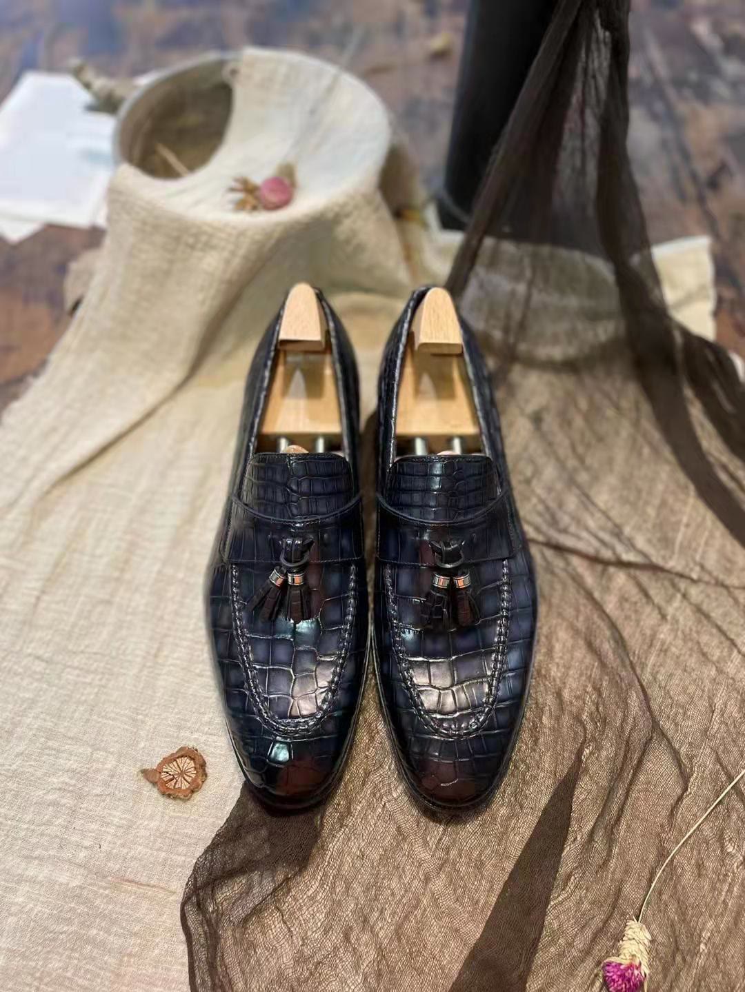 男士鳄鱼真皮手工定制皮鞋,手工鳄鱼皮鞋定制