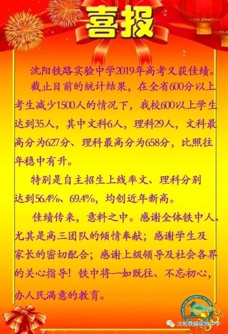 2019年沈阳市高中600分以上人数及各校高考喜报汇总（转）