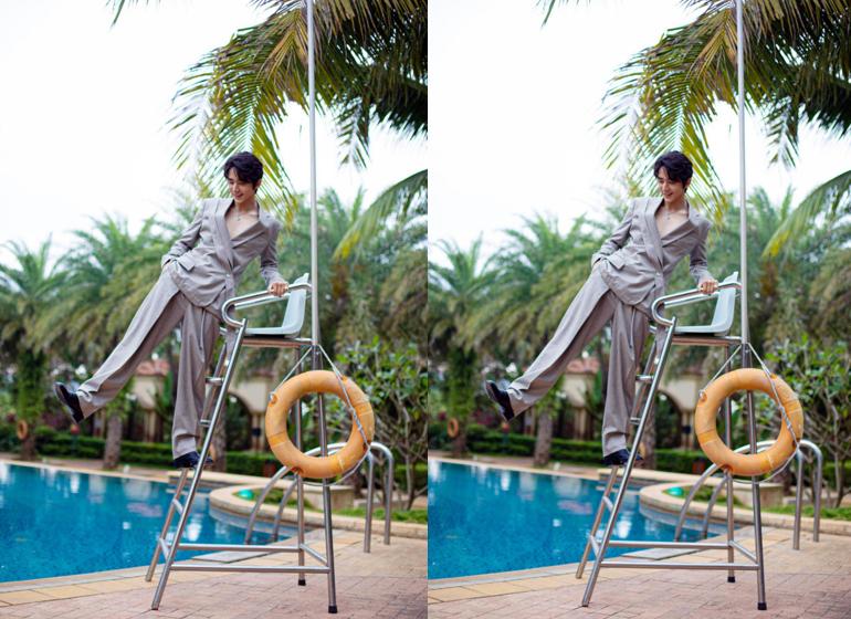 张新成回廊亭穿西服显瘦,县委大院张新成撑伞照片