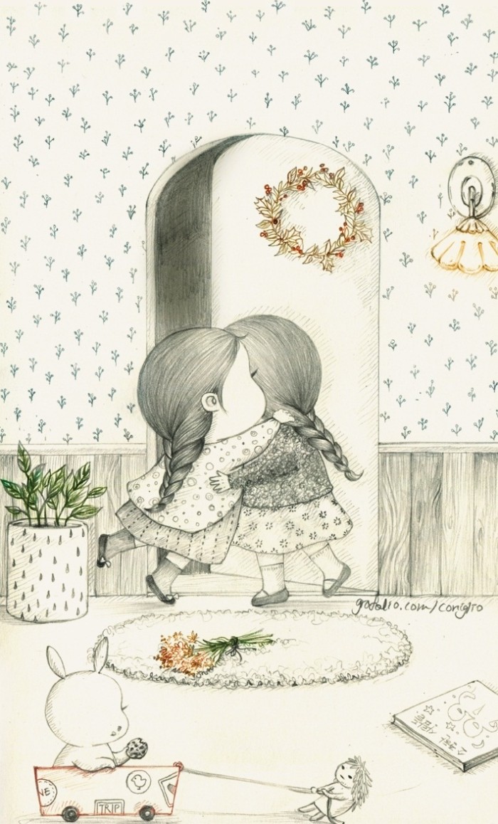 少女与兔子插画,兔子手绘创意插画