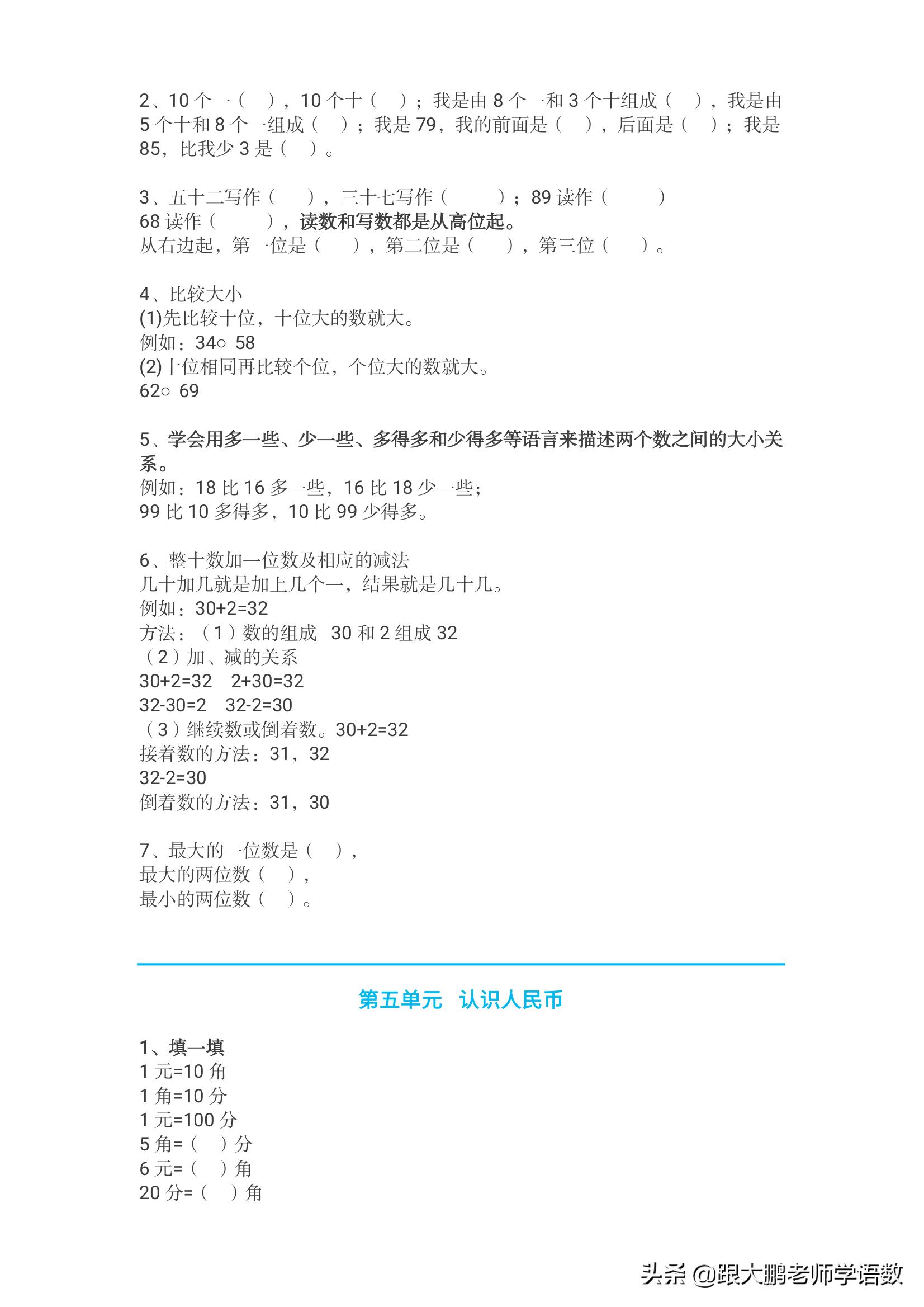 五年级下册数学一单元知识点归纳,一年级下册数学元角分知识点总结