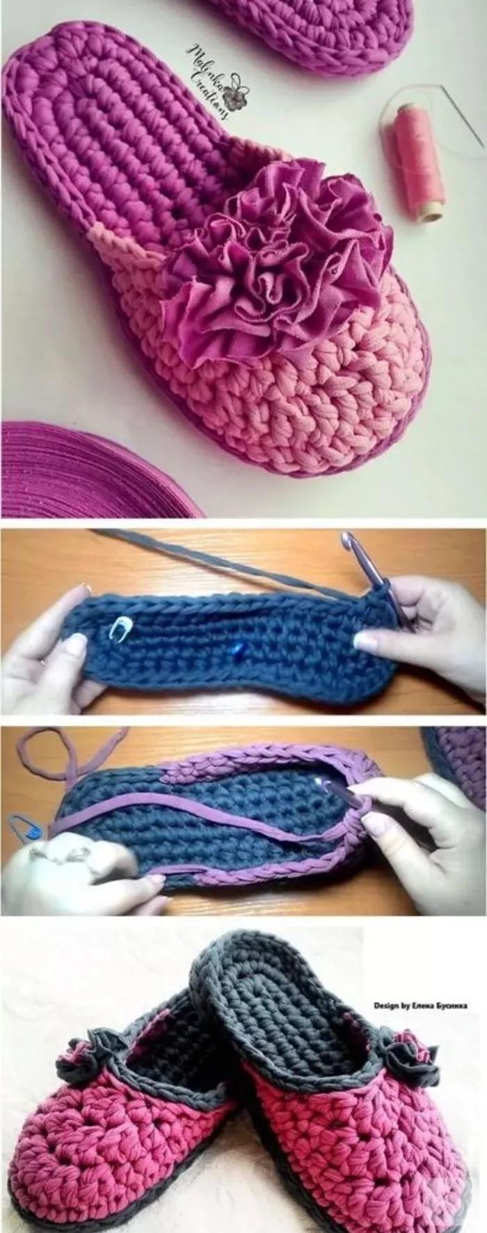 钩拖鞋边上编织教程,布条钩织拖鞋的全过程