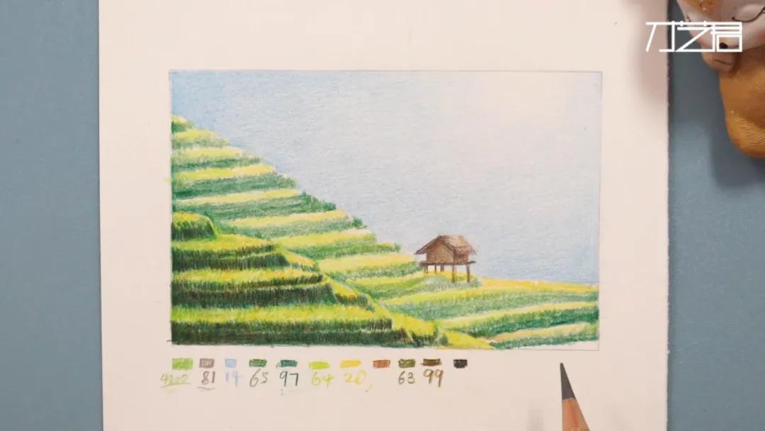 梯田彩铅风景画,彩铅田园风景画步骤教程