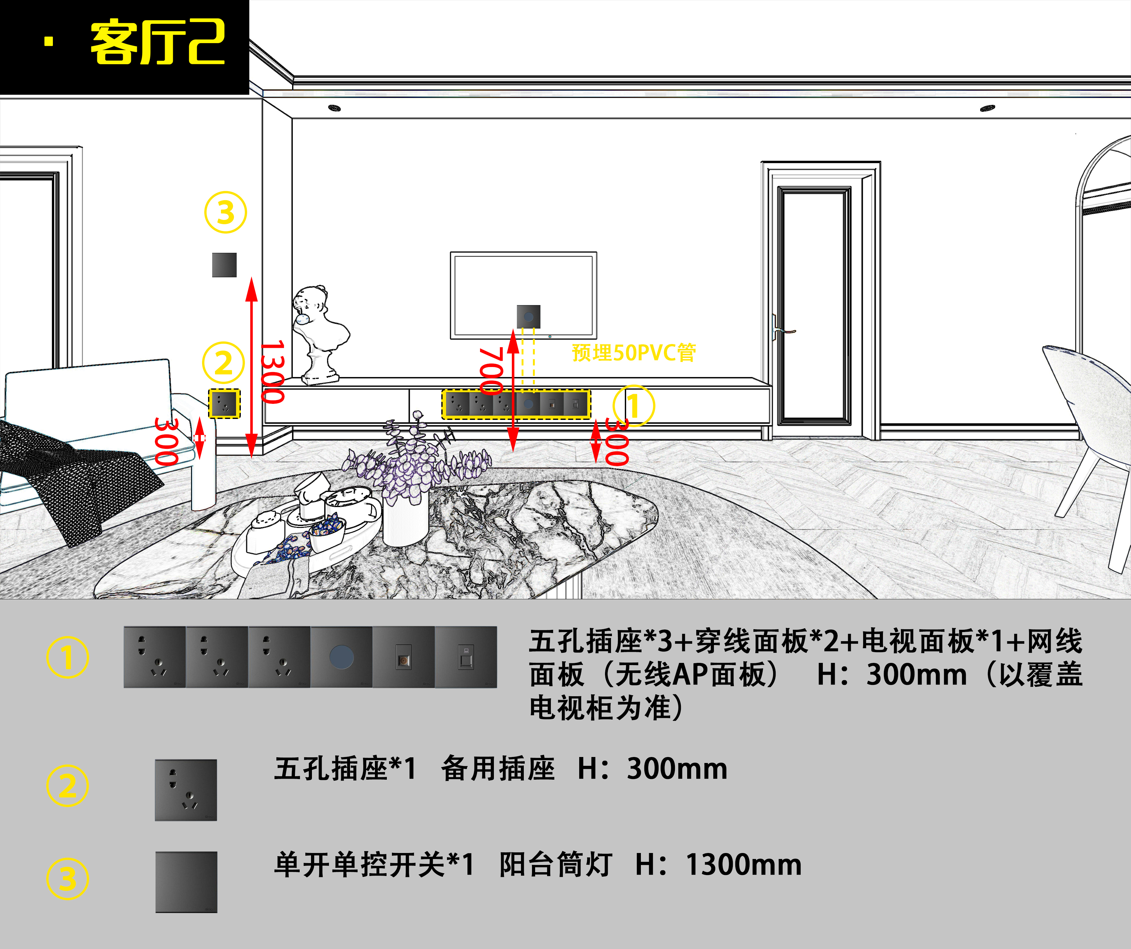 全屋开关插座尺寸布局图,开关插座入口不漏线