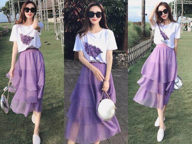 时尚夏季t恤半身裙套装,白色纱裙搭什么颜色的t恤好看