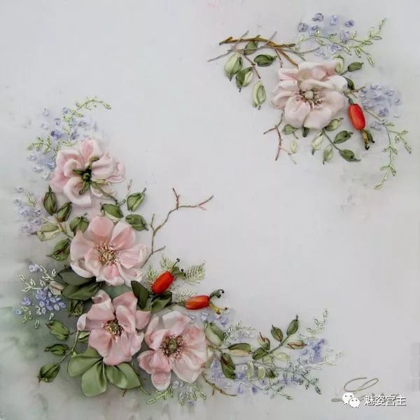 丝带绣盘结玫瑰花绣法图解,丝带绣图案教程牡丹