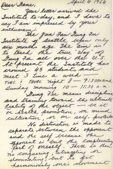 李小龙亲笔信书于1964年4月4日