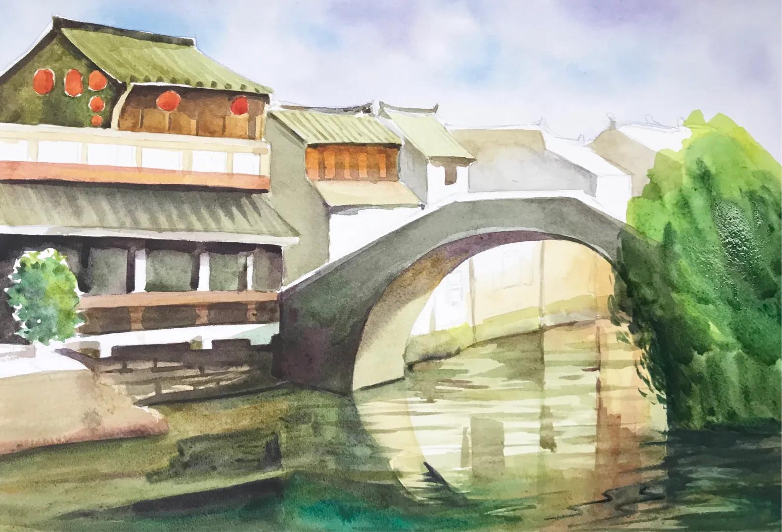 忆江南诗配画水彩,江南水彩风景画