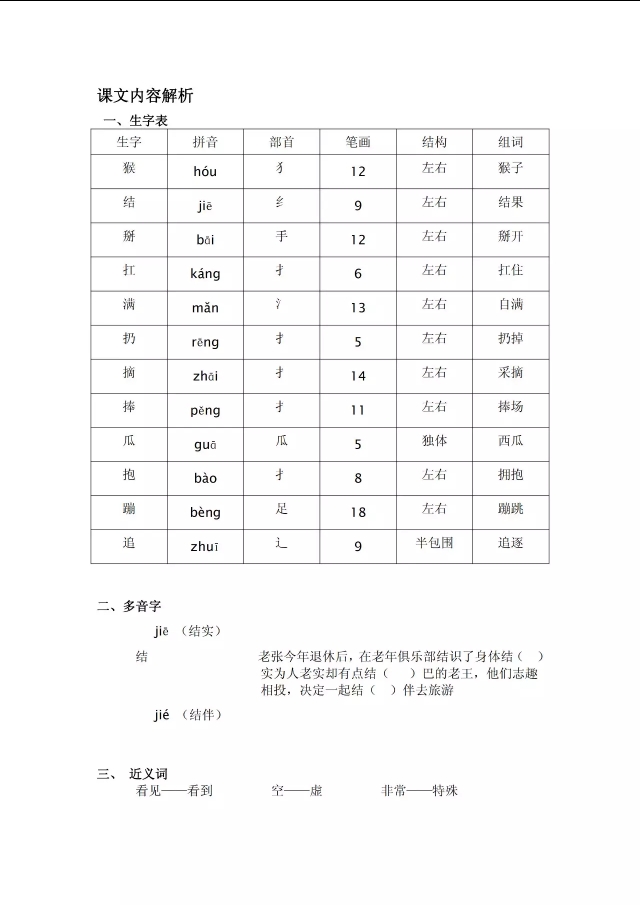 一语下全册生字（音序、部首、笔画、组词）+近反义词+词语解释