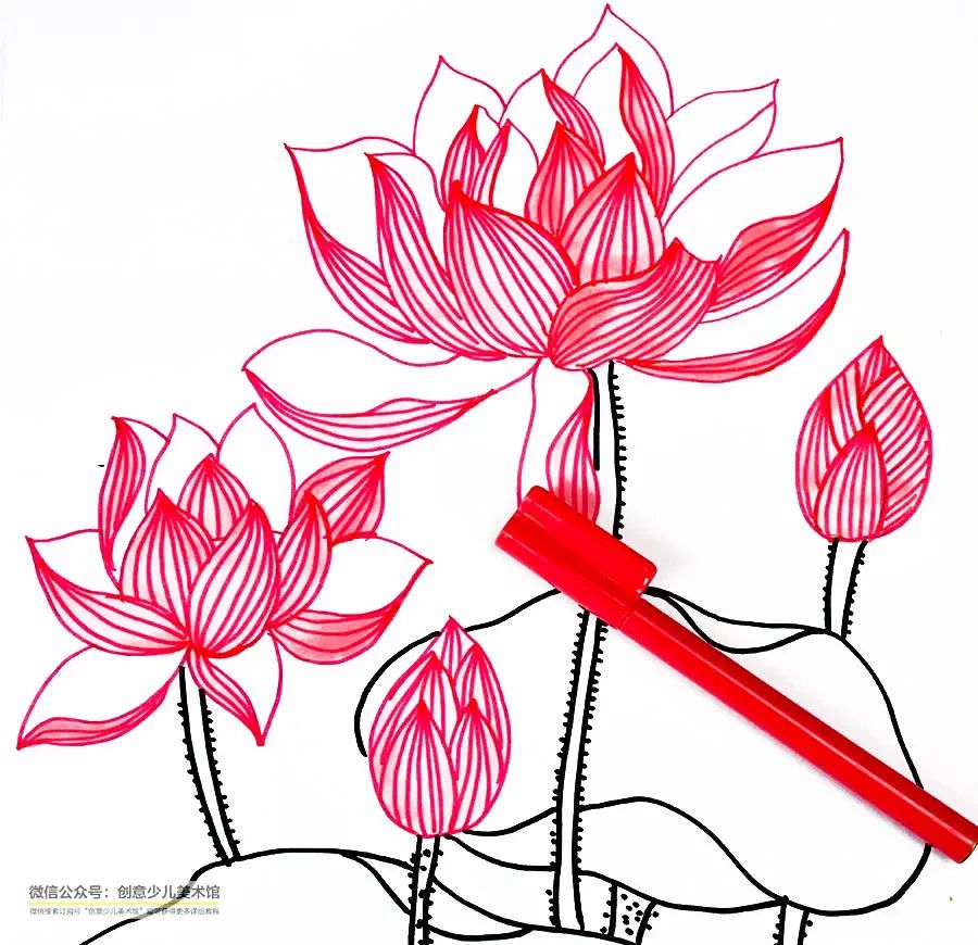 画一幅夏天的荷花画,儿童画夏天的风景画荷花