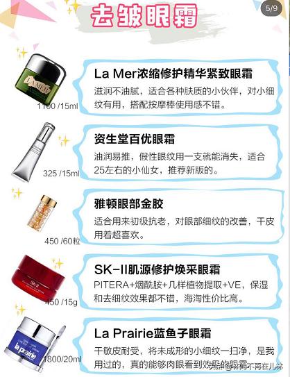 眼霜大全100种,眼霜热门功效测评图表大全
