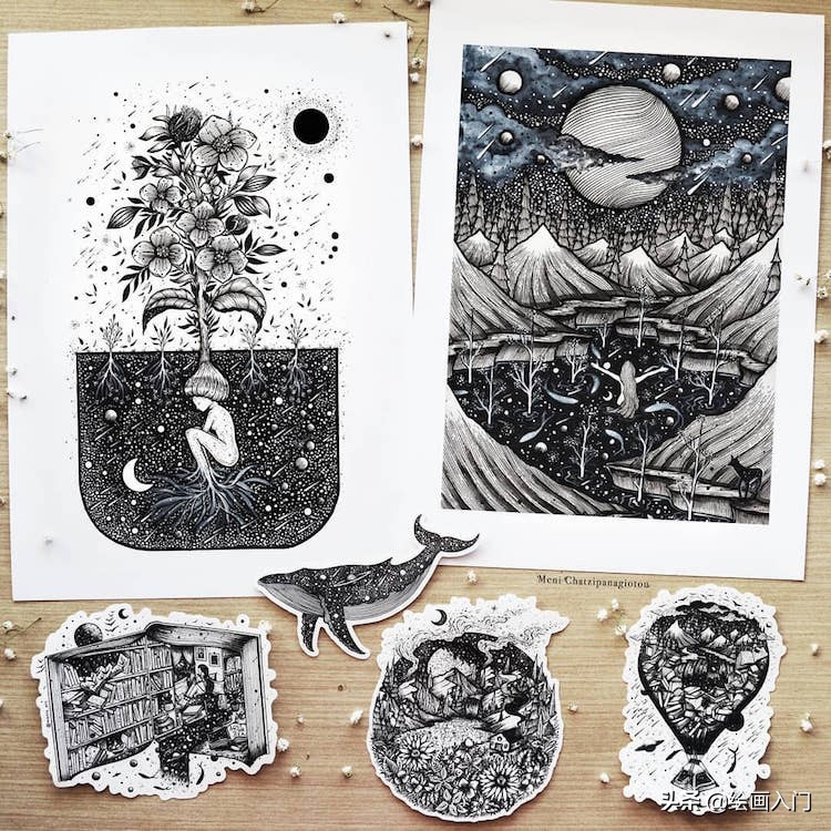 手绘插画黑白风针管笔小插画,手绘100多幅针管笔黑白插画分享