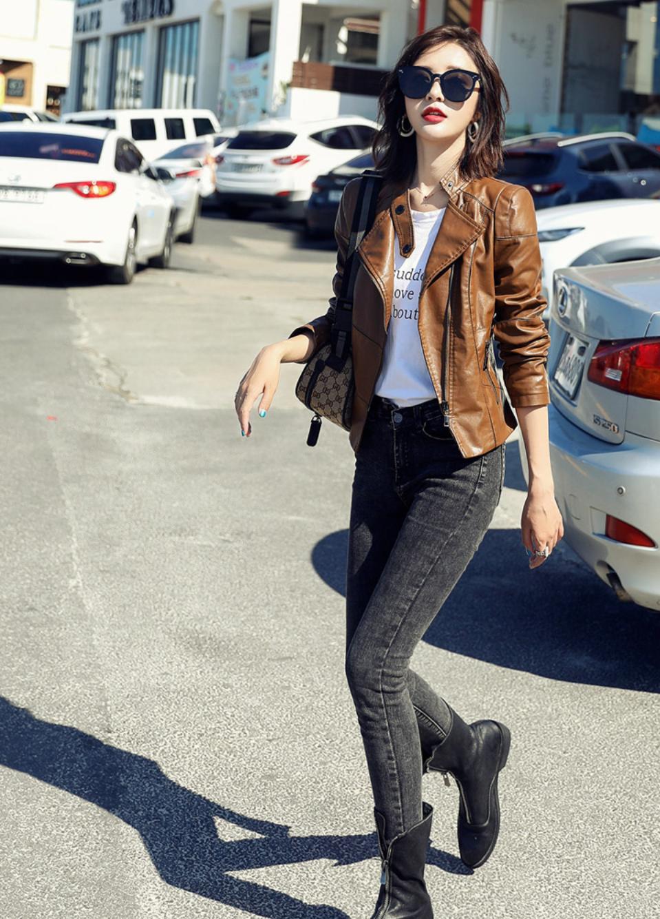 黑色修身机车短款皮衣搭配,短款机车皮衣高级穿搭小个子