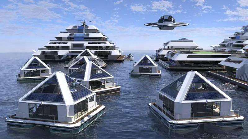 他在海上，建了一栋水上“金字塔”，里面有豪宅，还有飞碟