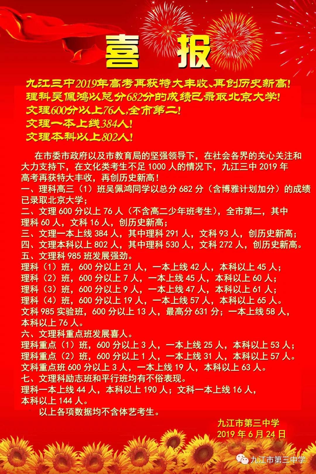九江一中2018年高考喜报,2019年九江同文中学高考喜报