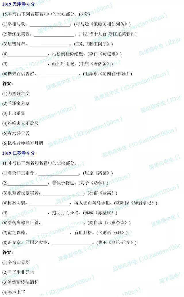 八省联考语文名句默写,高考语文必修五常考名句默写