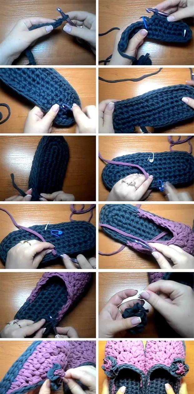 钩拖鞋边上编织教程,布条钩织拖鞋的全过程