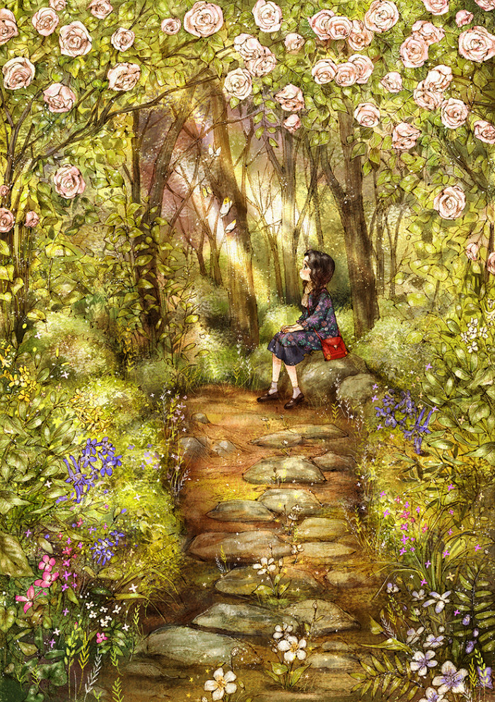 韩国插画师森林女孩日记图文,水彩插画森林女孩日记