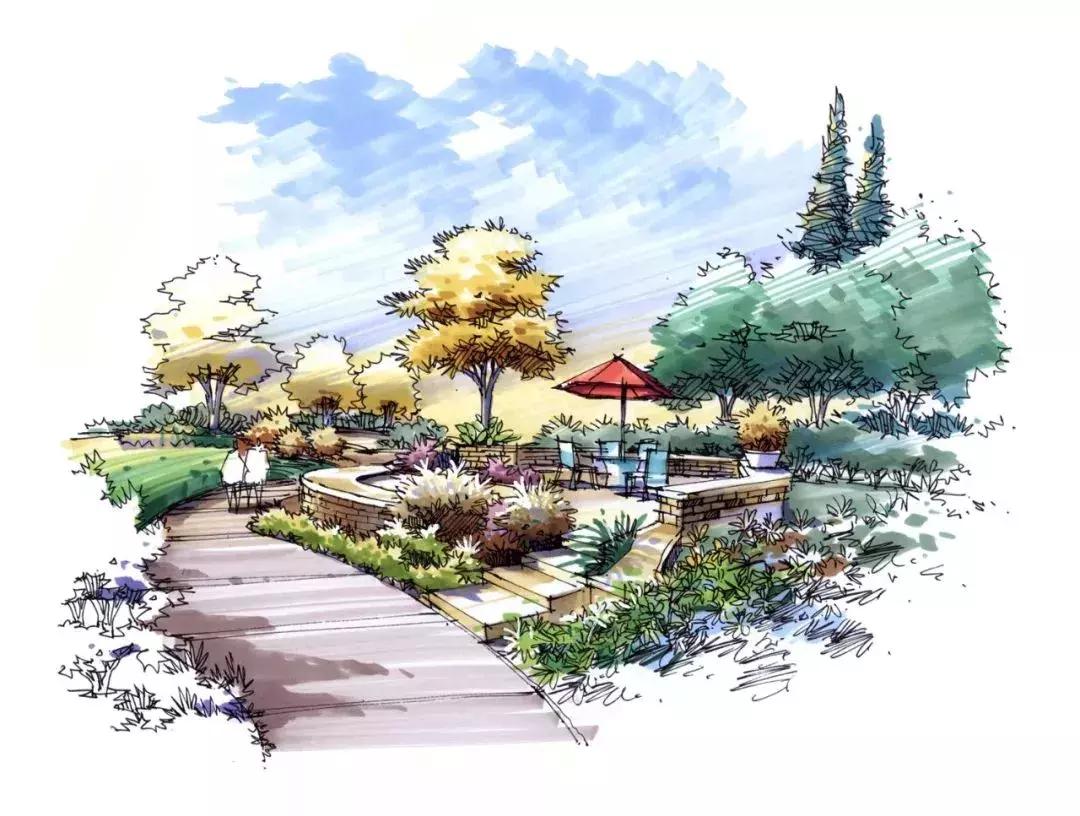 手绘效果图设计详解,干货五幅景观手绘效果图步骤图解