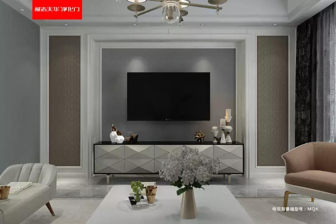 春天木门背景墙效果图,外平内开布纹铝木门效果图