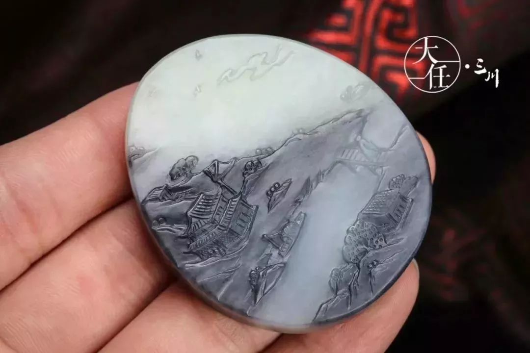 和田玉新中式珠宝美学,和田玉青花山水意境牌