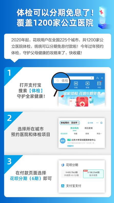 公立医院体检可用花呗分期免息,225座城市已开通