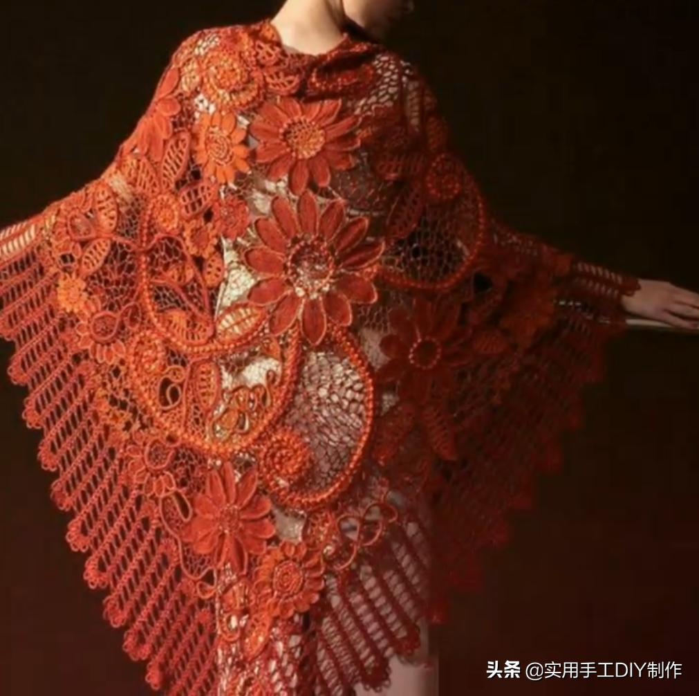 彩色蕾丝钩织披肩拼接花,晓夏手工钩编扇形花披肩