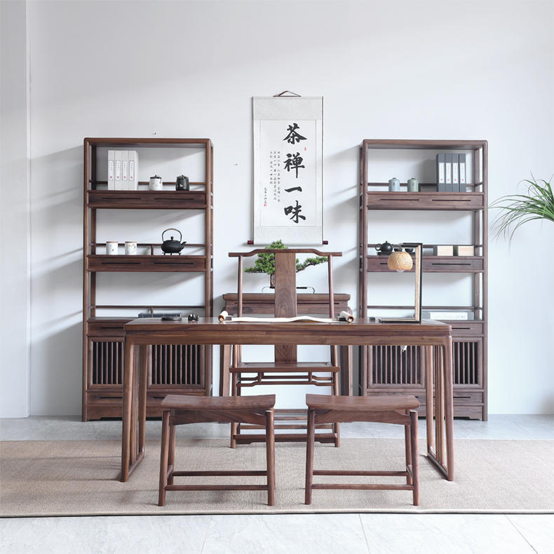 日式茶室书桌禅意设计,原木茶台书桌一体禅意