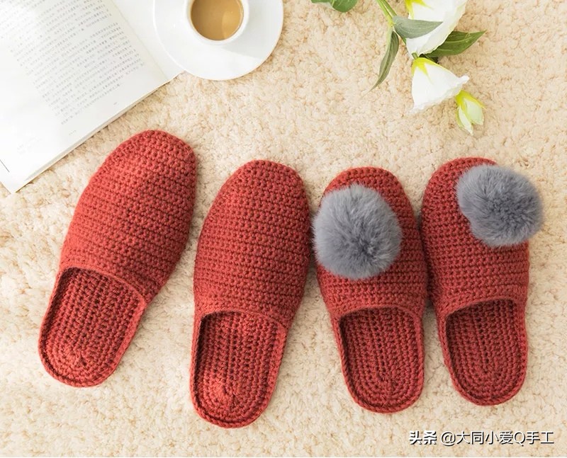 拖鞋纯手工编织幸福一家人教程,钩针毛线拖鞋棉鞋编织教程全过程